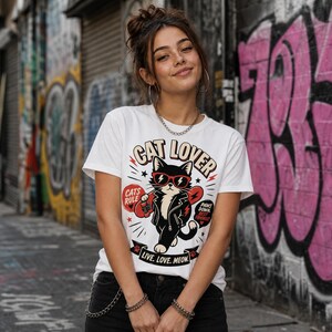 Punk Cat Graphic Tee, Edgy Cat Lover Shirt, Live Love Meow, Unisex Pet Top image 3
