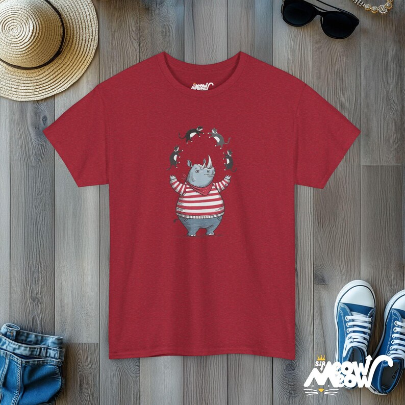 Rhino Juggling Cats T-Shirt | Funny Animal Graphic Tee Antique Cherry Red