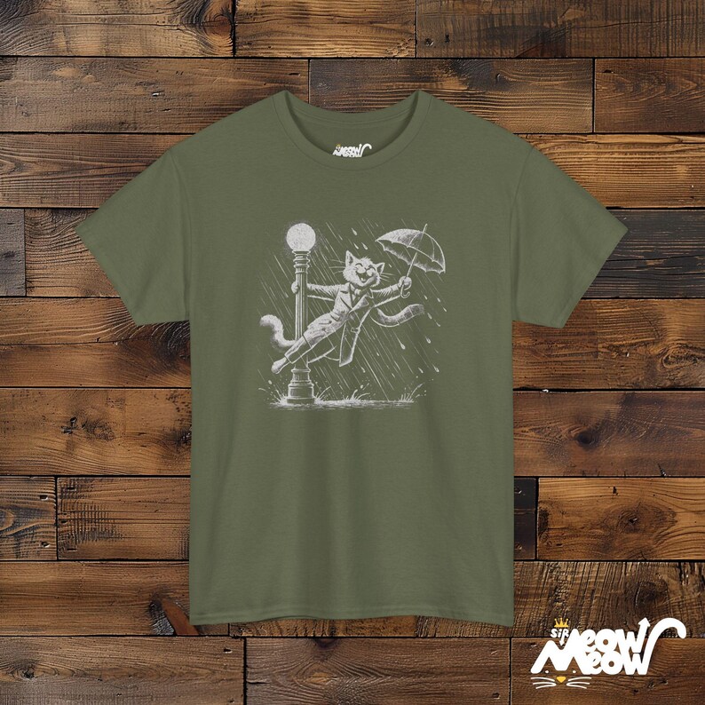 Rain-Singing Cat T-Shirt: Vintage Musical Cat Lover Gift Military Green