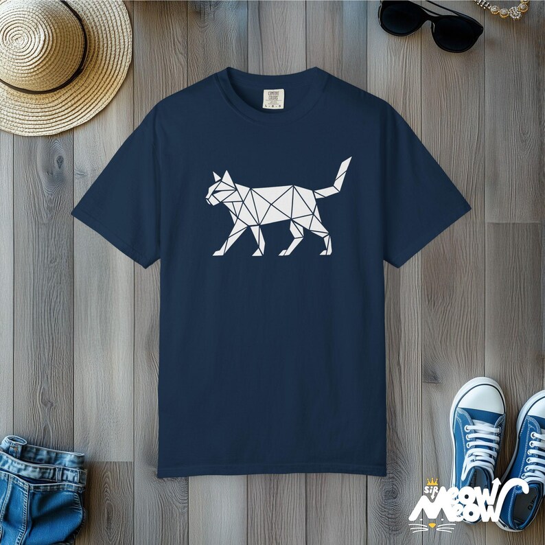 Geometric Cat T-Shirt: Comfort Colors Minimalist Feline Tee True Navy