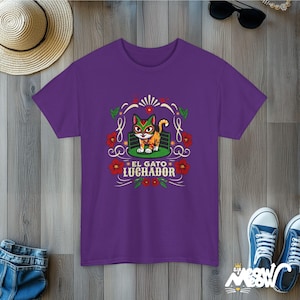 El Gato Luchador Tee: Mexican Cat Lover T-Shirt Purple
