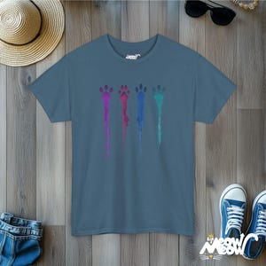 Colorful Paw Prints T-Shirt: Dripping Paint Splatter Cat Lover Tee Indigo Blue