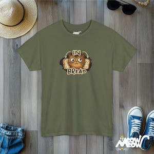 In Bread Cat T-Shirt | Funny Breading Kitty Design | Quirky Gift for Cat Lovers Military Green