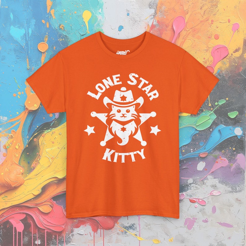 Kat T-shirt met Texas-thema, leuk katachtig grafisch T-shirt, casual westerse kleding, uniek cadeau voor huisdierenliefhebbers Orange