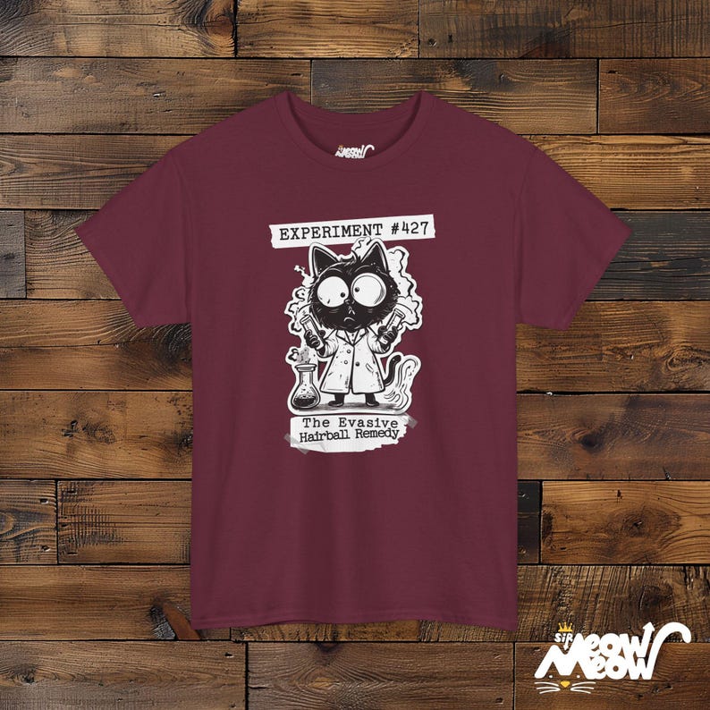 Funny Mad Scientist Cat T-Shirt: Science Humor Gift Maroon