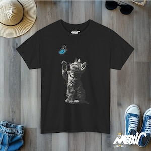 Kitten and Butterfly Graphic T-Shirt, Cat Lover Tee Black