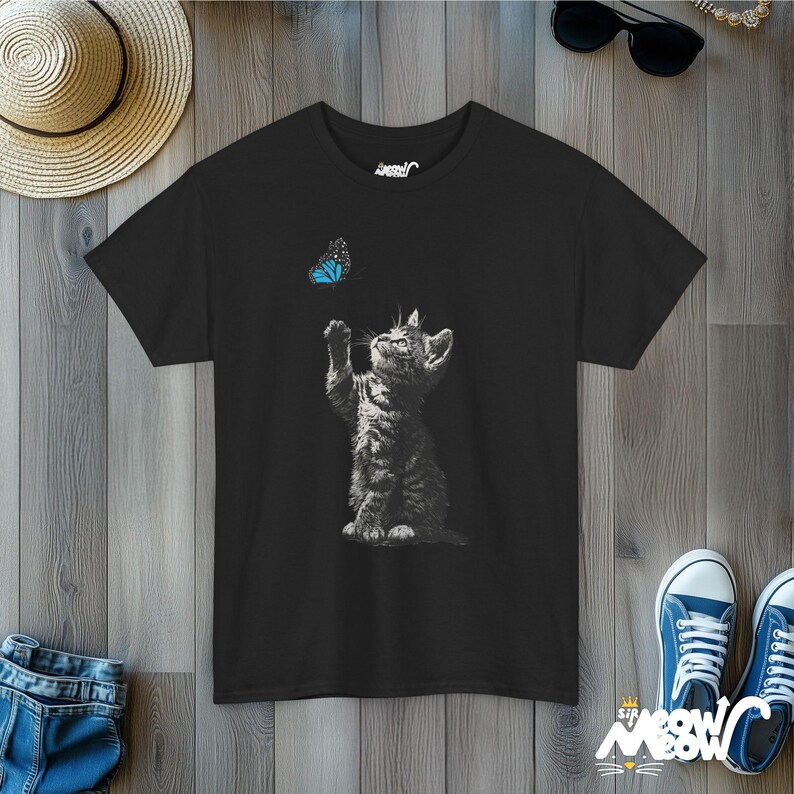 Kitten and Butterfly Graphic T-Shirt, Cat Lover Tee Black