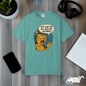 Retro Comic Cat T-Shirt: Comfort Colors Peace Graphic Tee Seafoam