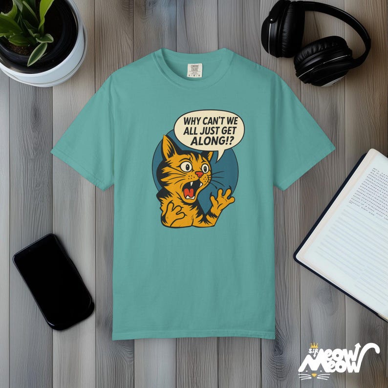 Retro Comic Cat T-Shirt: Comfort Colors Peace Graphic Tee Seafoam