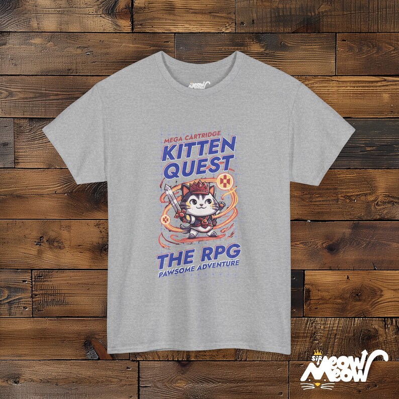 Kitten Quest RPG T-Shirt: Gamer Cat Tee, Pawsome Adventure Graphic Sport Grey