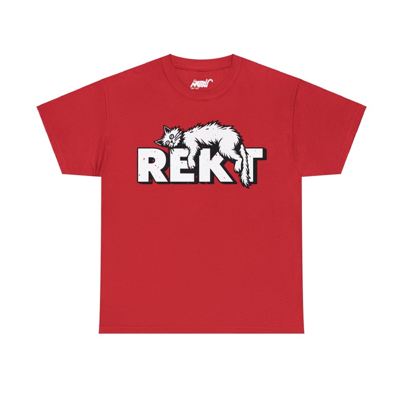 Red unisex T-shirt featuring humorous white “REKT” text topped with an illustration of an exhausted cat lying sprawled out, capturing gamer and meme culture vibes.