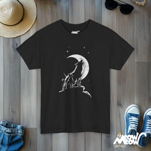 Cat & Wolf Moon T-Shirt | Enchanting Night Silhouette Tee | Unique Animal Lover Gift Black