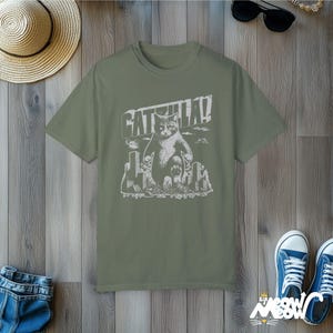 Funny Catzilla Cat T-Shirt: Comfort Colors Unisex Tee Moss