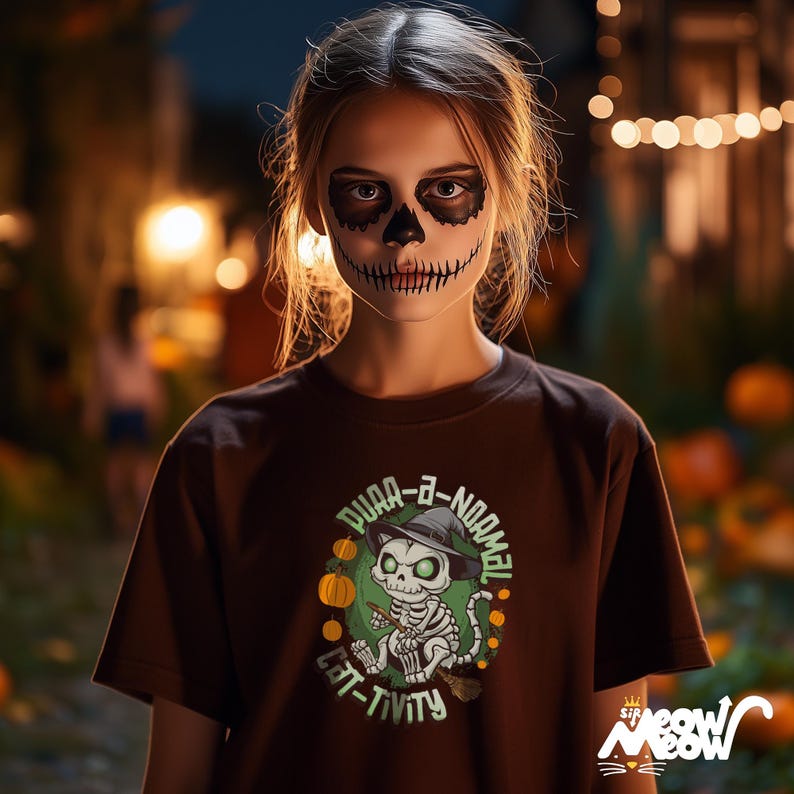 May include: A person wearing a brown t-shirt with a Halloween graphic. The design shows a skeleton cat in a witch's hat, pumpkins, and the words "DUAA-A-NOAMEL CAT-TIVITY". The person has skull face paint, creating a spooky look.