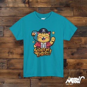 Pirate Cat Graphic T-Shirt, Shiver Me Timbers Tee Tropical Blue
