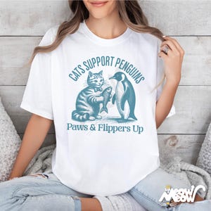 Comfort Colors Cat & Penguin Friendship T-Shirt: Funny Animal Lover Tee White
