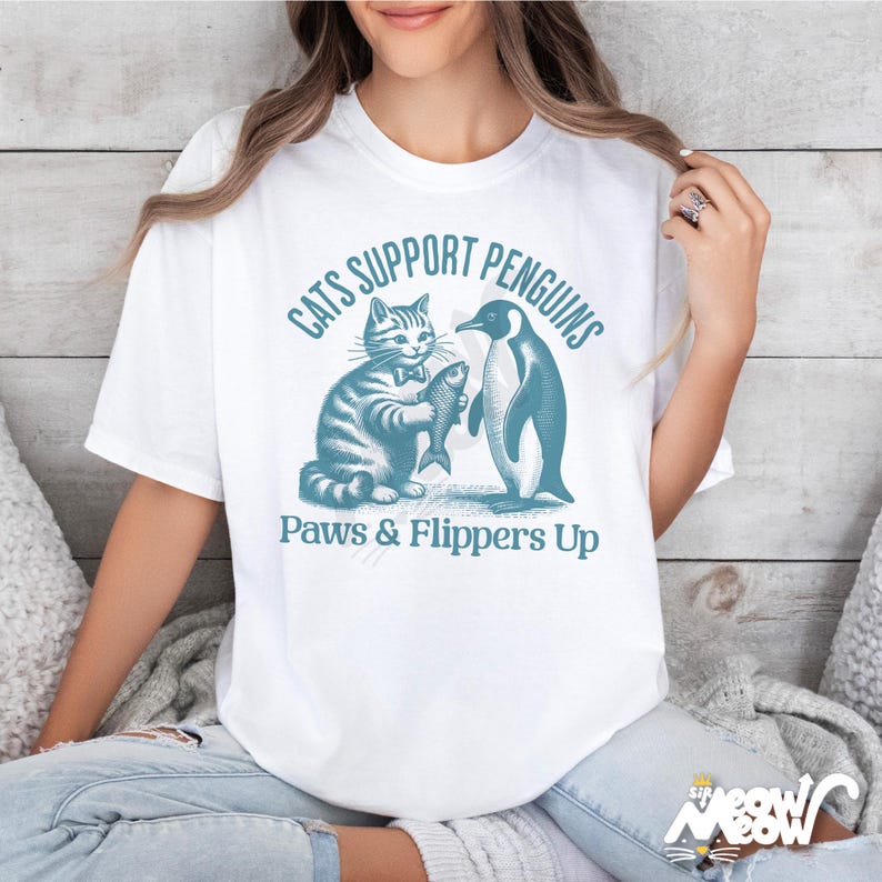 Comfort Colors Cat & Penguin Friendship T-Shirt: Funny Animal Lover Tee White