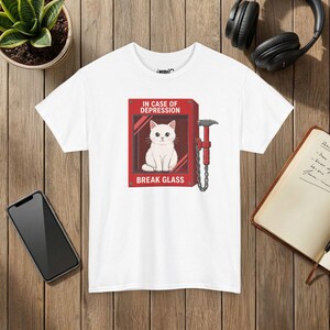 In Case Of Depression Cat Shirt, Break Glass Cat T-Shirt, Funny Cat Lover Tee, Mental Health Humor Shirt, Cute White Cat Gift image 3