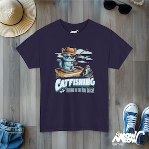 Catfishing Unisex Tee: Funny Cat & Fishing Graphic T-Shirt Blackberry