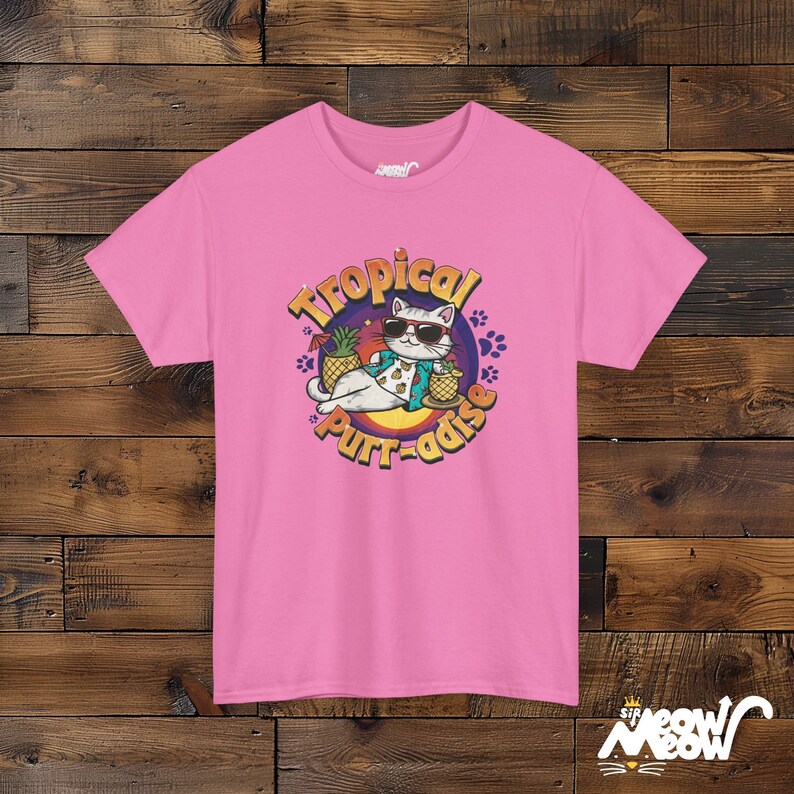 Tropical Cat T-Shirt: Funny Beach Purr-adise Tee Azalea