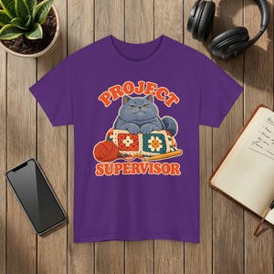 Project Supervisor Cat T-Shirt, Funny Crochet Shirt, Gift for Cat Lovers Purple