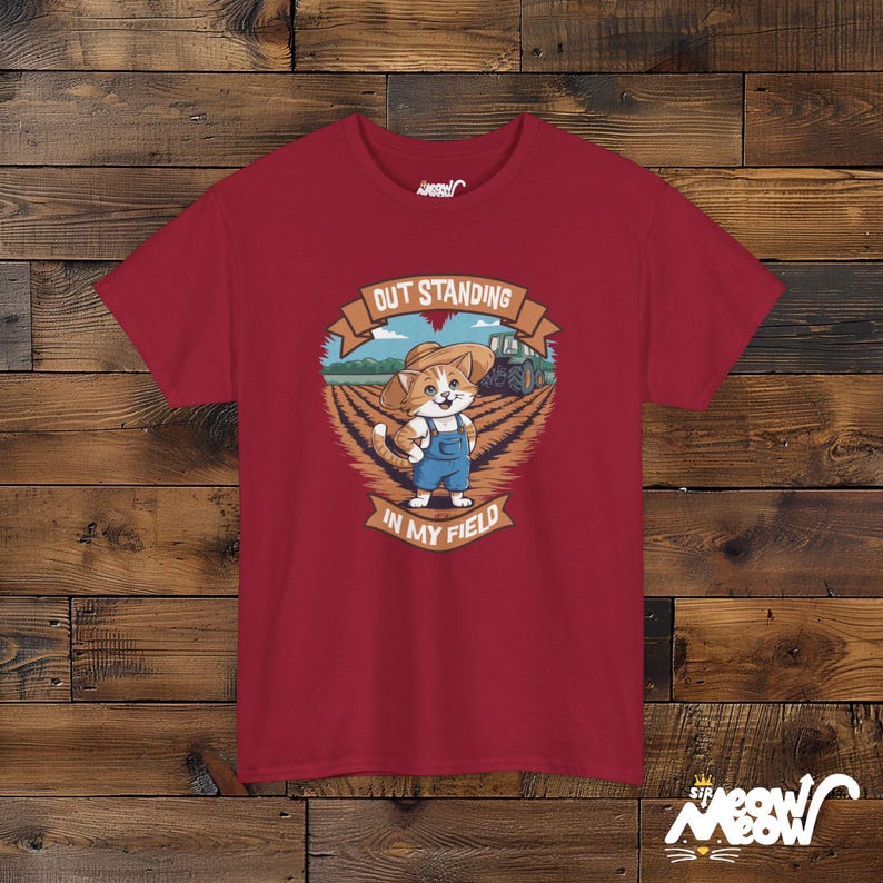 Funny Farmer Cat Graphic Tee - Outstanding in My Field - Cat Lover Gift Cardinal Red