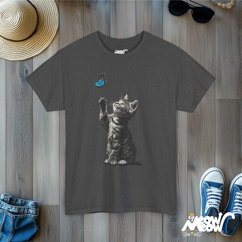 Kitten and Butterfly Graphic T-Shirt, Cat Lover Tee Dark Heather