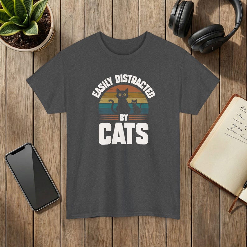 Easily Distracted by Cats Funny Cat Lover T-Shirt Soft Cotton Tee Dark Heather
