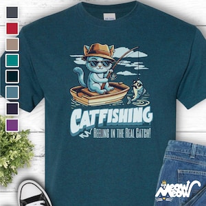 Catfishing Unisex Tee: Funny Cat & Fishing Graphic T-Shirt image 1