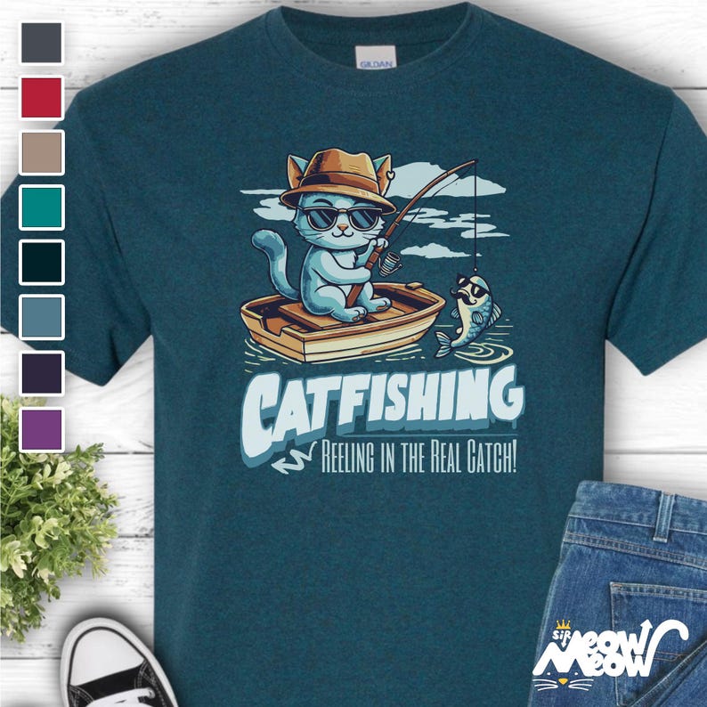 Catfishing Unisex Tee: Funny Cat & Fishing Graphic T-Shirt image 1
