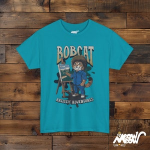 Funny Bobcat Artist T-Shirt: Cat Lover Painting Gift Tropical Blue