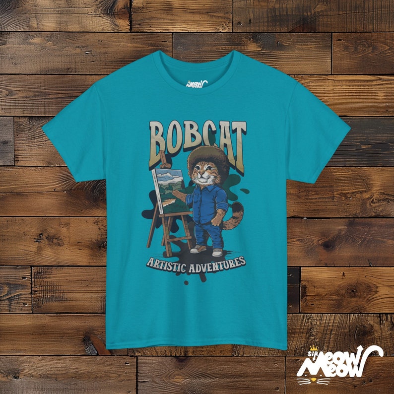 Funny Bobcat Artist T-Shirt: Cat Lover Painting Gift Tropical Blue