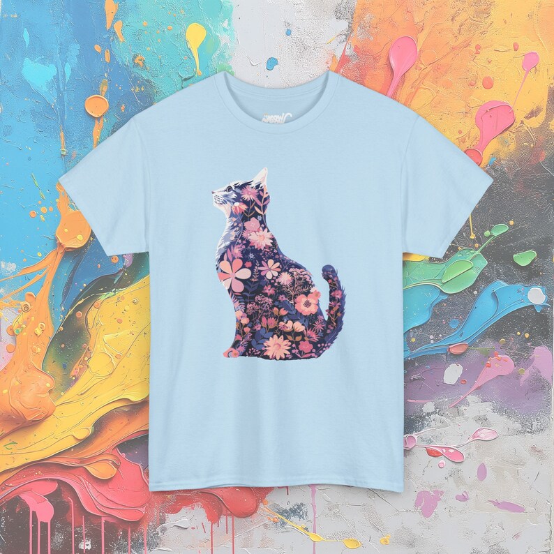 Floral Cat Silhouette T-Shirt: Feminine Cottagecore Graphic Tee Light Blue