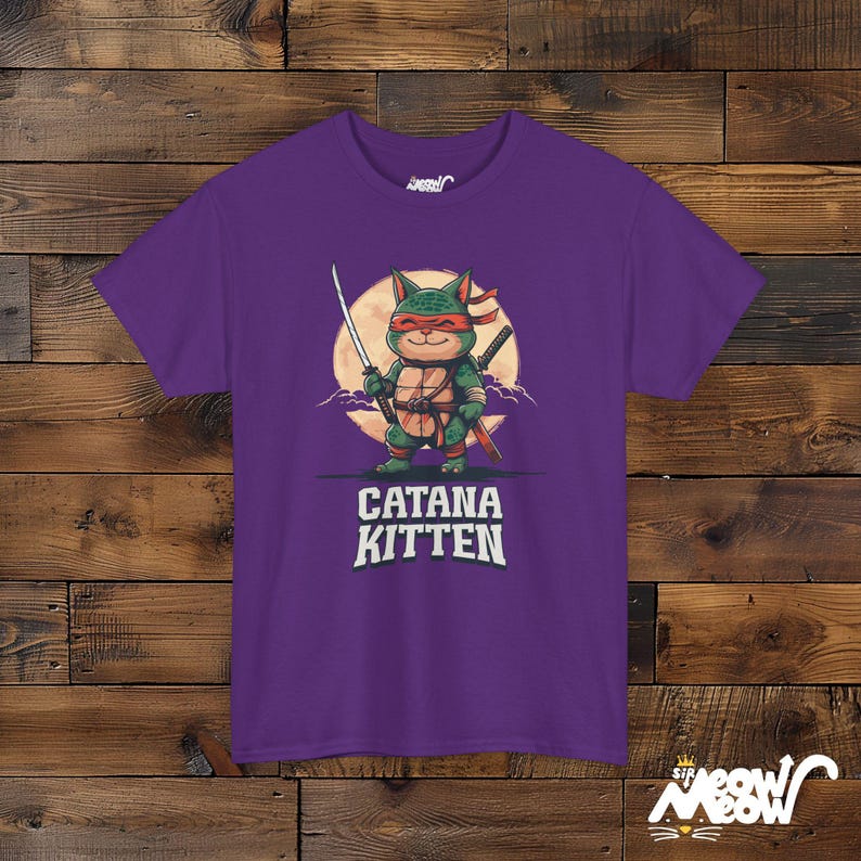 Ninja Cat T-Shirt, Samurai Kitten Graphic, Funny Cat Lover Gift Purple