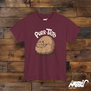 Purr-Tato Cat T-Shirt: Funny Lazy Cat Potato Design Maroon