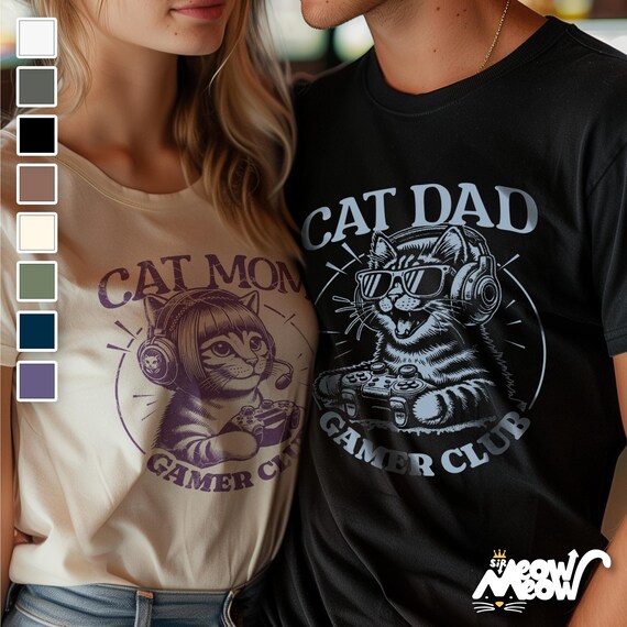 Cat Mom & Cat Dad Gamer Club T-Shirts: Matching Couple Gaming Tees