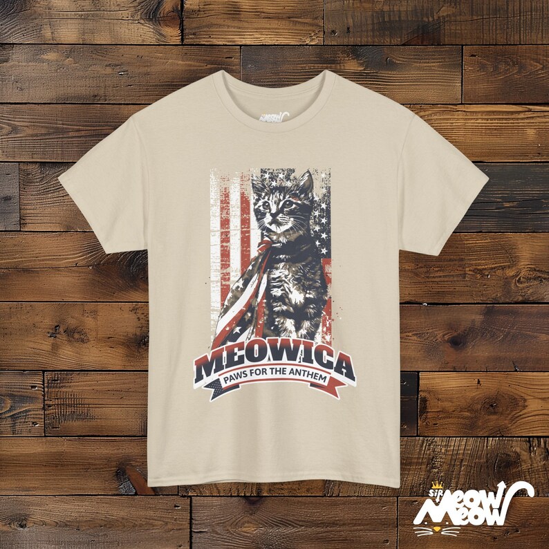 Meowica Cat T-Shirt: Patriotic 4th of July Kitten Tee Sand