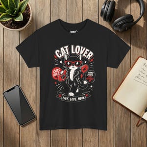 Punk Cat Graphic Tee, Edgy Cat Lover Shirt, Live Love Meow, Unisex Pet Top image 5