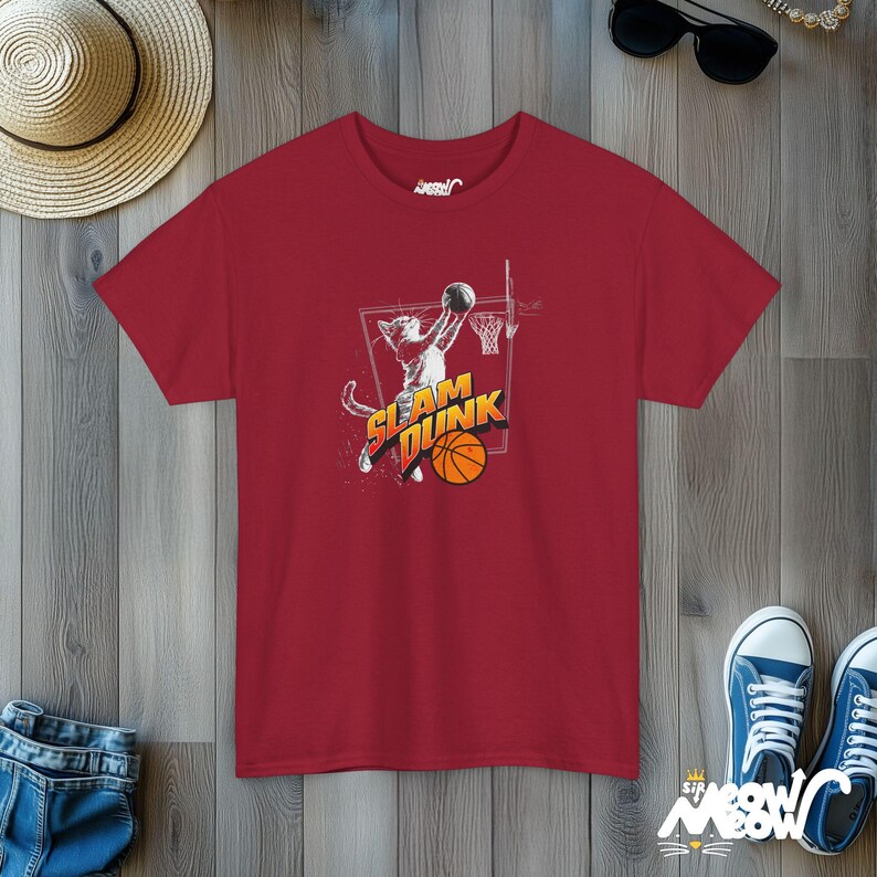 Slam Dunk Cat T-Shirt: Basketball Fan Gift Cardinal Red