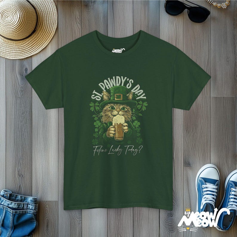 St Pawdy's Day Cat T-Shirt: Feline Lucky Irish Tee Forest Green