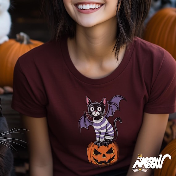 Spooky Bat Cat on Jack-O'-Lantern Unisex T-shirt, Halloween Cat Design, Playful & Gothic Vibes