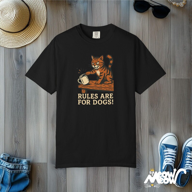 Funny Cat T-Shirt: Rules Are For Dogs, Comfort Colors Unisex Tee Black