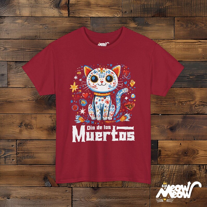 Día de los Muertos Cat T-Shirt, Sugar Skull Cat Design, Mexican Holiday Celebration Tee, Perfect Gift for Día de Muertos Cardinal Red