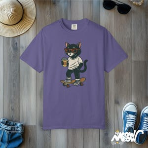Skateboard Cat T-Shirt: Comfort Colors Streetwear Tee Grape