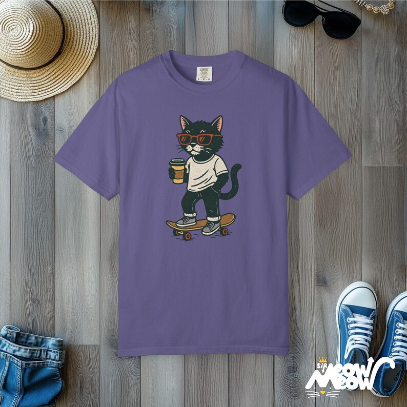 Skateboard Cat T-Shirt: Comfort Colors Streetwear Tee Grape