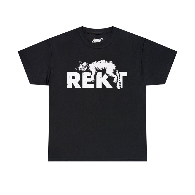 Black unisex T-shirt featuring humorous white “REKT” text topped with an illustration of an exhausted cat lying sprawled out, capturing gamer and meme culture vibes.