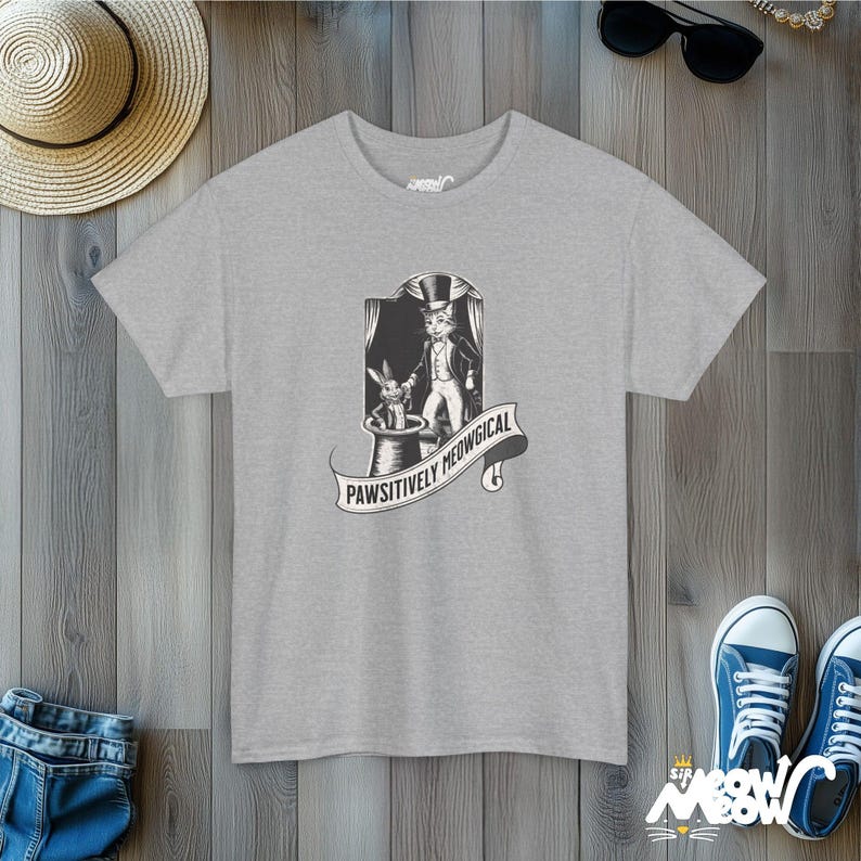 Magical Cat T-Shirt | Pawsitively Meowgical Graphic Tee | Funny Cat Lover Gift Sport Grey