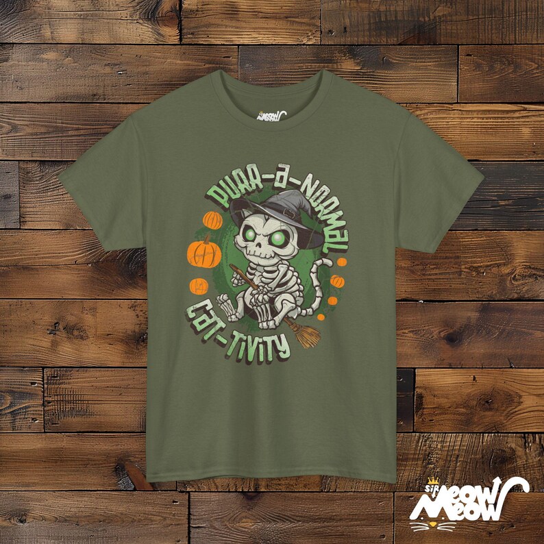Purr-A-Normal Cat-Tivity Skeleton Cat Halloween Unisex Shirt, Fun Witchy Cat Design Military Green
