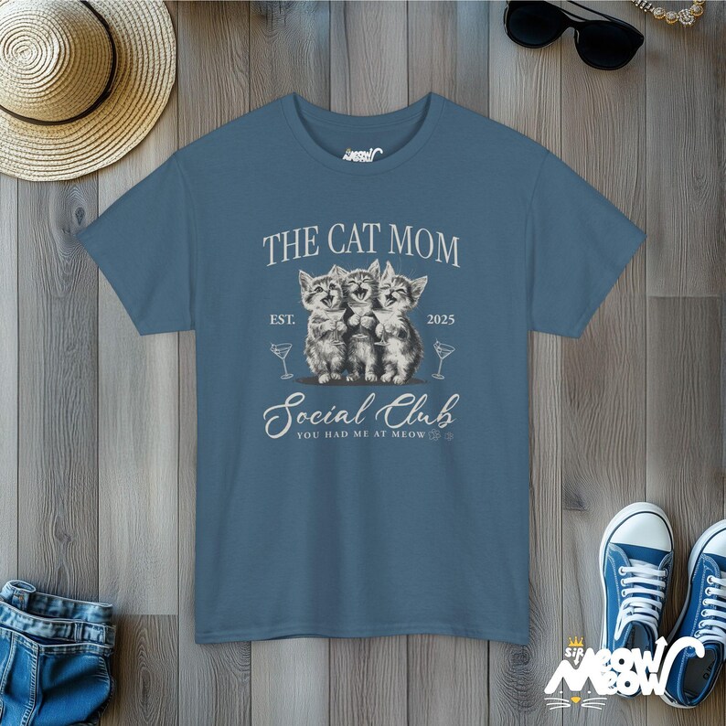 Customizable Cat Mom Social Club T-shirt: Martini Kittens Indigo Blue