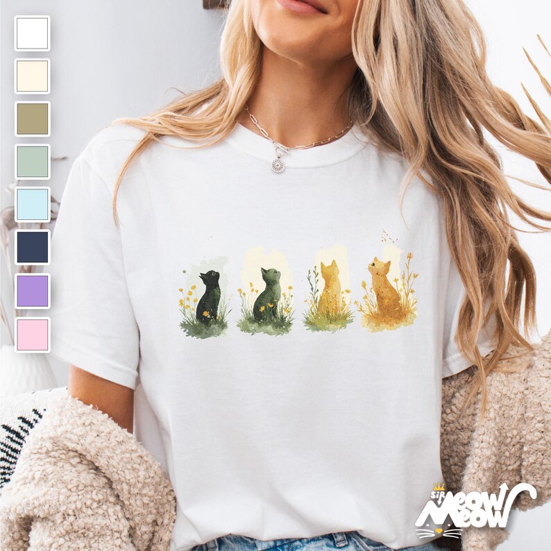 Watercolor Four Seasons Cat T-Shirt - Comfort Colors Unisex Tee image 1